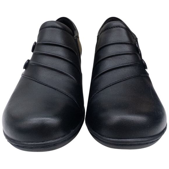 Clarks Channing Haley Slip On Black Leather Loafers Womens size 9 Low Wedge Heel - Picture 3 of 7